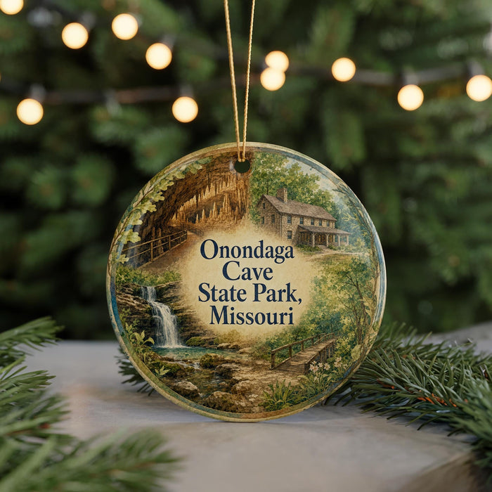 A round ornament with a scenic image of Onondaga Cave State Park, Missouri, featuring a waterfall and a cabin.