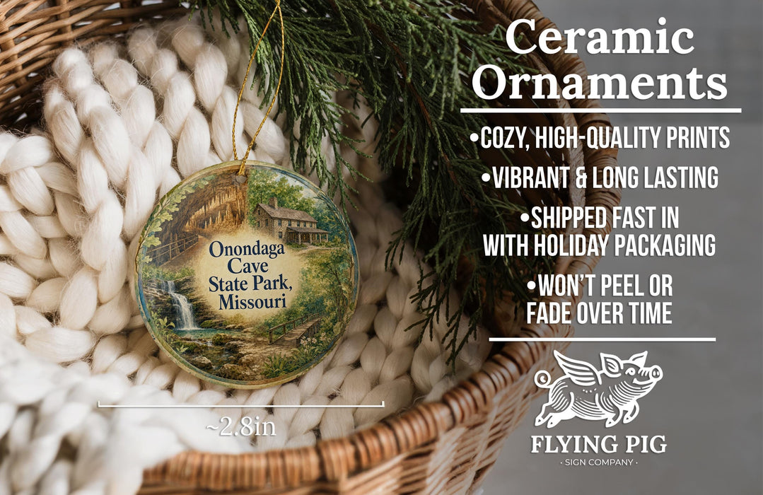 Ceramic ornaments, specifically a ceramic ornament with a house and a waterfall, are displayed in a basket.