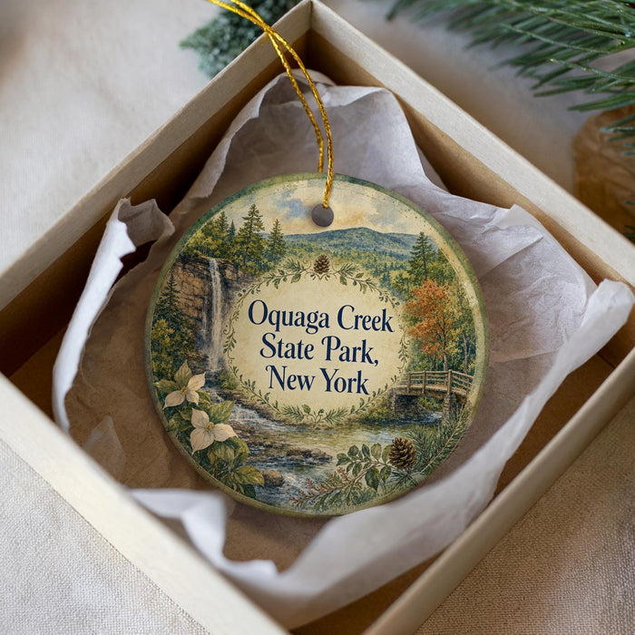 A decorative ornament in a white box, featuring a scenic image of Quagga Creek State Park in New York.