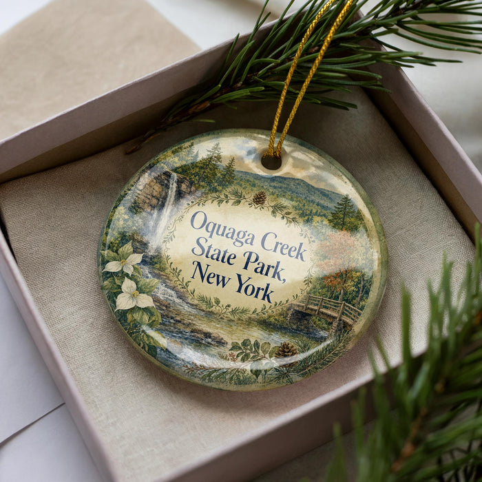 A decorative ornament in a box, featuring a scenic landscape with a waterfall and pine trees, with the text "Oquaga Creek State Park, New York" prominently displayed.