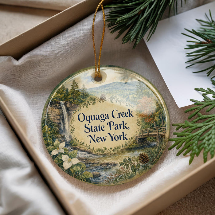 A decorative ornament with a scenic image of Oquagga Creek State Park, New York, hanging from a string.