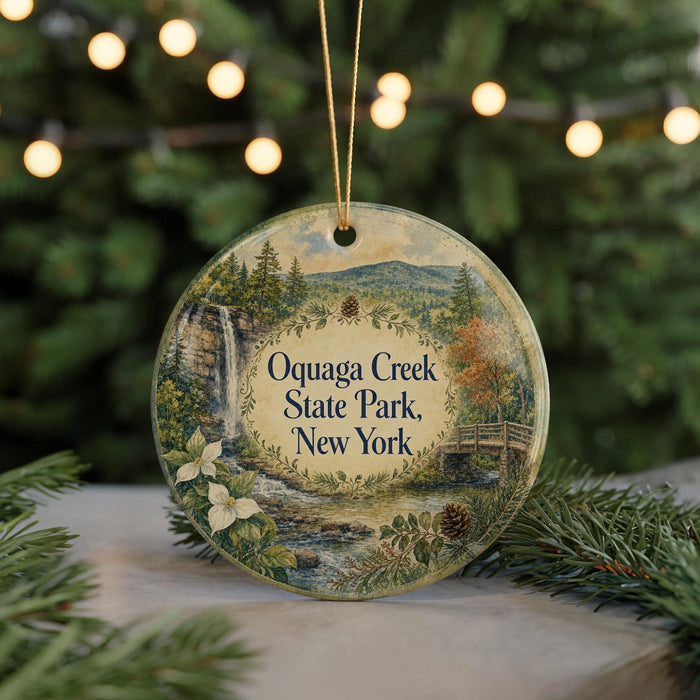 A round ornament with a scenic image of a waterfall and forest, surrounded by greenery, is displayed in front of a Christmas tree with twinkling lights.