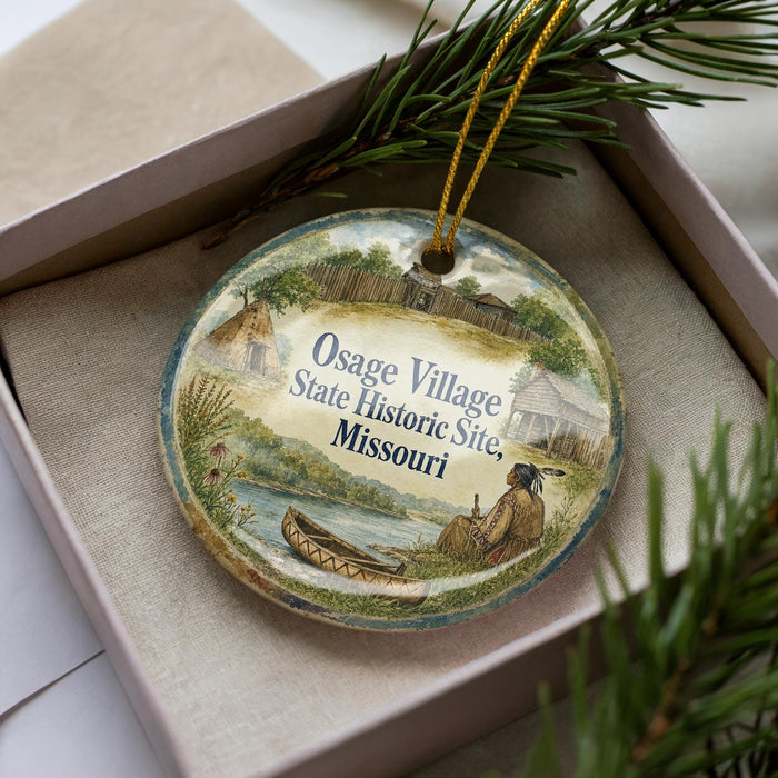 A decorative ornament in a box, featuring a scene of a person sitting by a river with a canoe, surrounded by a natural landscape.