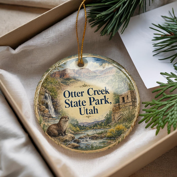 A decorative ornament with a scenic image of Otter Creek State Park, Utah, featuring a small otter, a waterfall, and mountains.