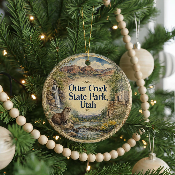 A round ornament hanging on a Christmas tree, featuring a scenic image of Otter Creek State Park in Utah.