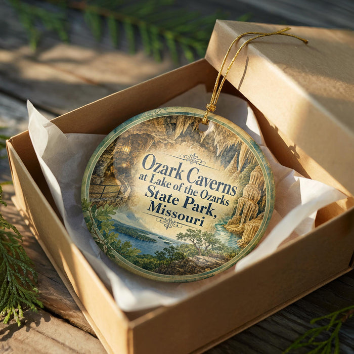 A circular ornament with a scenic image of Ozark Caves at Lake of the Ozarks, located in Missouri.