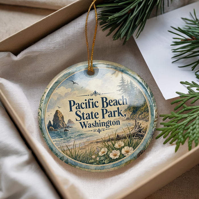 A decorative ornament with a scenic image of Pacific Beach State Park, Washington, hanging from a string.