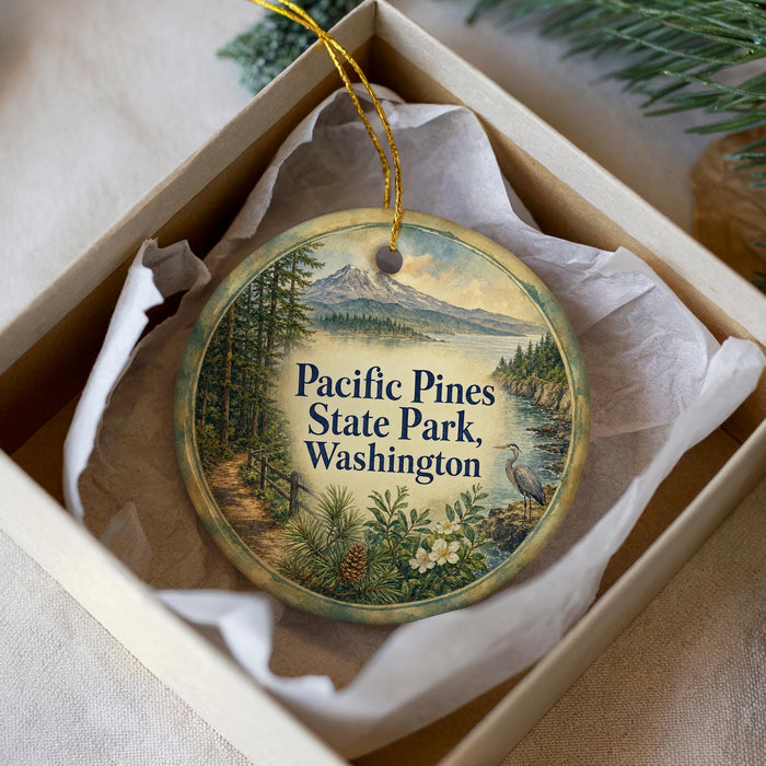 A decorative ornament in a white box, featuring a scenic landscape with a mountain, pine trees, and a body of water.
