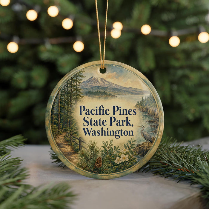 A round ornament with a scenic landscape of Pacific Pines State Park, Washington, featuring a mountain, pine trees, and a bird.