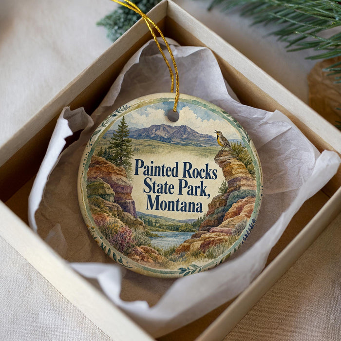 A decorative ornament in a box, featuring a scenic landscape with mountains, trees, and a bird perched on a rock.