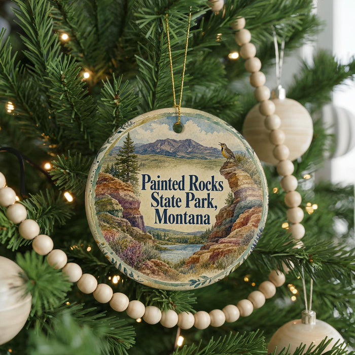 A round ornament hanging on a Christmas tree, featuring a scenic landscape with mountains and a river.