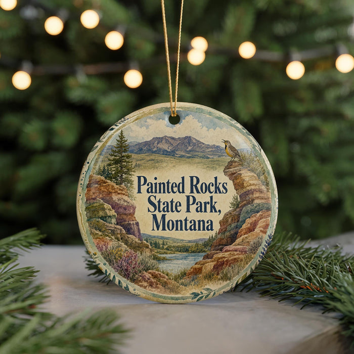 A round ornament with a scenic landscape of mountains, trees, and a bird perched on a rock, hanging from a string.