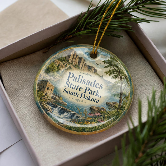 A decorative ornament in a box, featuring a scenic landscape with a waterfall and mountains, along with the text "Palisades State Park, South Dakota".