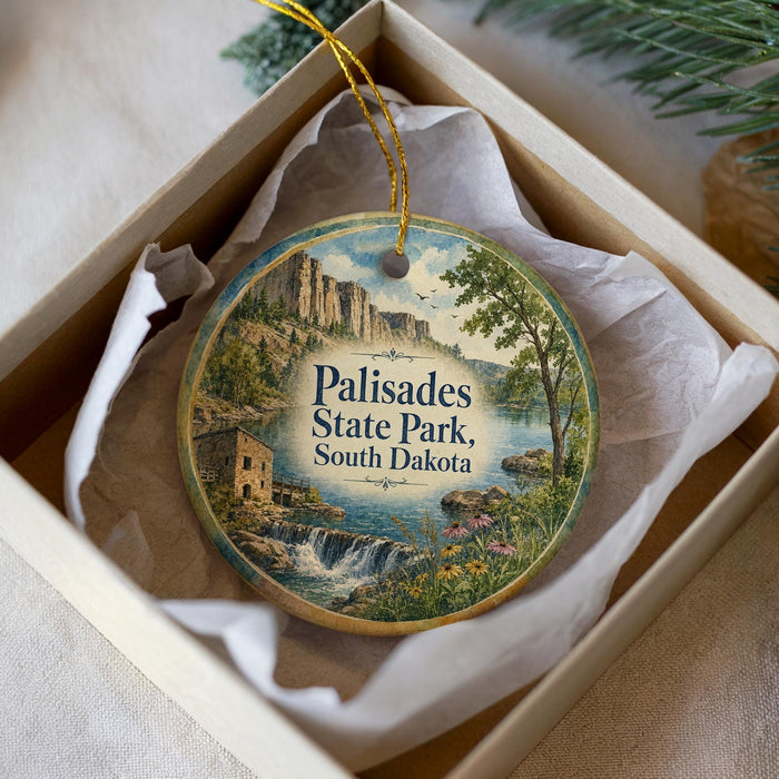 A decorative ornament in a white box, featuring a scenic landscape with a waterfall and mountains, along with the text "Palisades State Park, South Dakota".