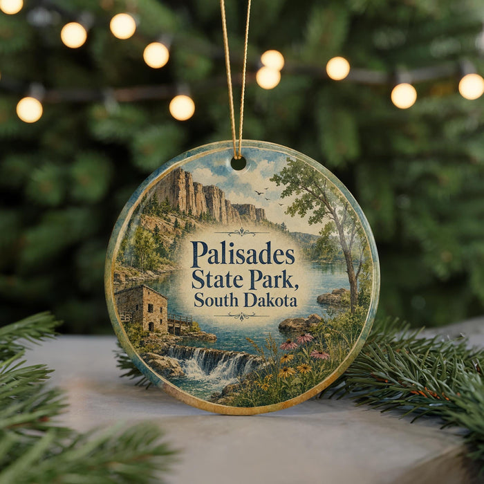 A round ornament with a scenic image of Palisades State Park, South Dakota, hanging from a string.