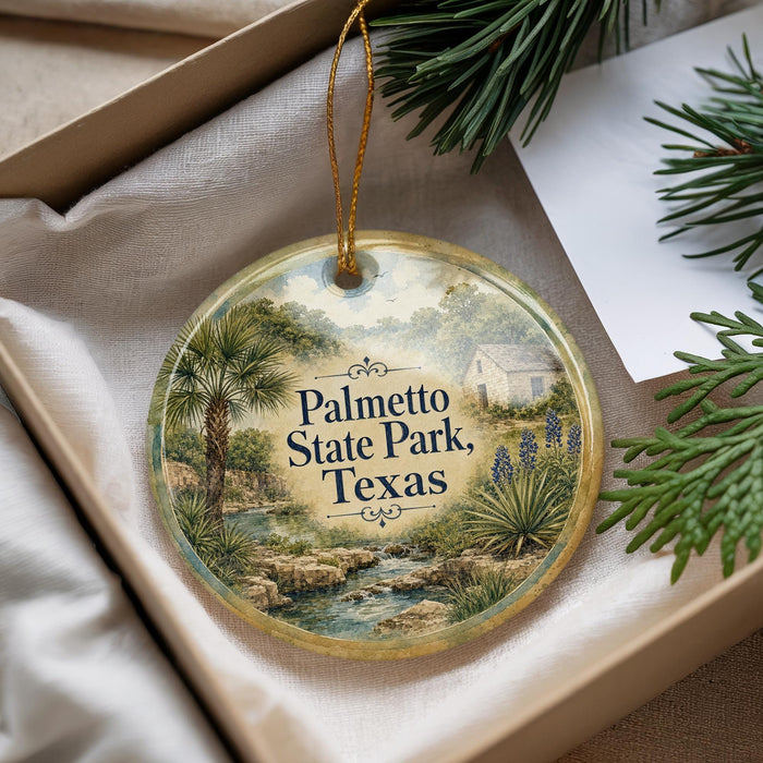 A decorative ornament with a scenic image of palm trees, a house, and a stream, hanging from a string.