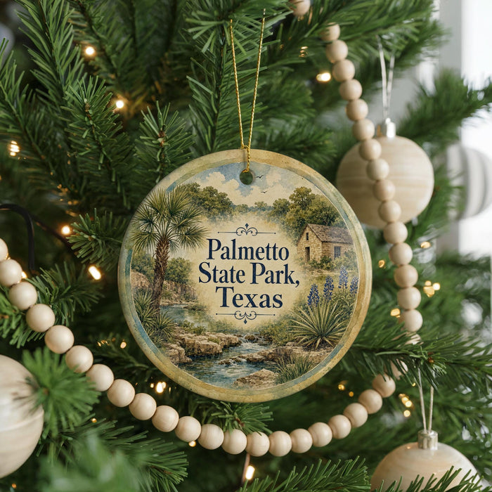 A round ornament hanging on a Christmas tree, featuring a scenic image of Palmetto State Park, Texas.