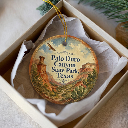 A decorative ornament in a box, featuring a scenic image of the Palo Duro Canyon State Park in Texas.