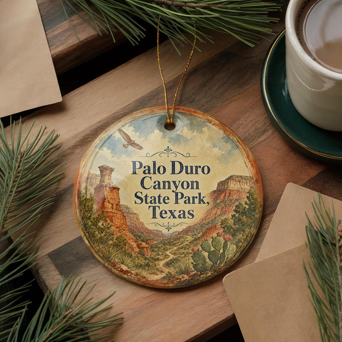 A decorative ornament featuring a scenic image of the Palo Duro Canyon State Park in Texas, with a bird flying over the landscape.