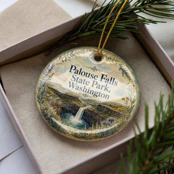 A decorative ornament in a box, featuring a scenic image of Palouse Falls State Park in Washington.