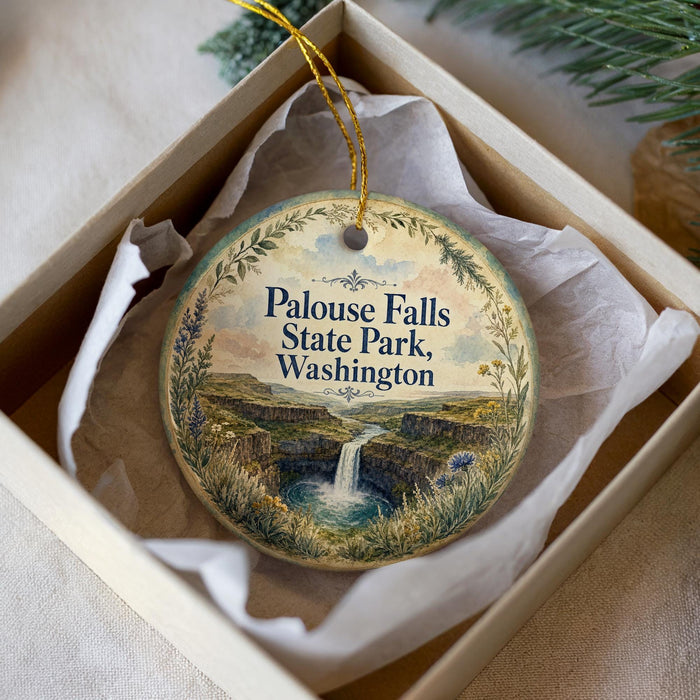 A decorative ornament in a white box, featuring an illustration of Palouse Falls State Park in Washington.