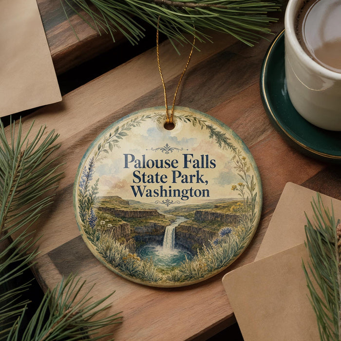 A decorative ornament featuring the text "Palouse Falls State Park, Washington" and an illustration of a waterfall surrounded by pine trees.