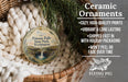 Ceramic ornaments, specifically those featuring Palouse Falls State Park in Washington, are displayed in a basket. The ornaments are described as cozy, high-quality prints, vibrant, and long-lasting, and are shipped fast in holiday packaging. They are not to be peeled or faded over time. The image is a collage of various ornaments, and the size of the ornaments is 2.8 inches.