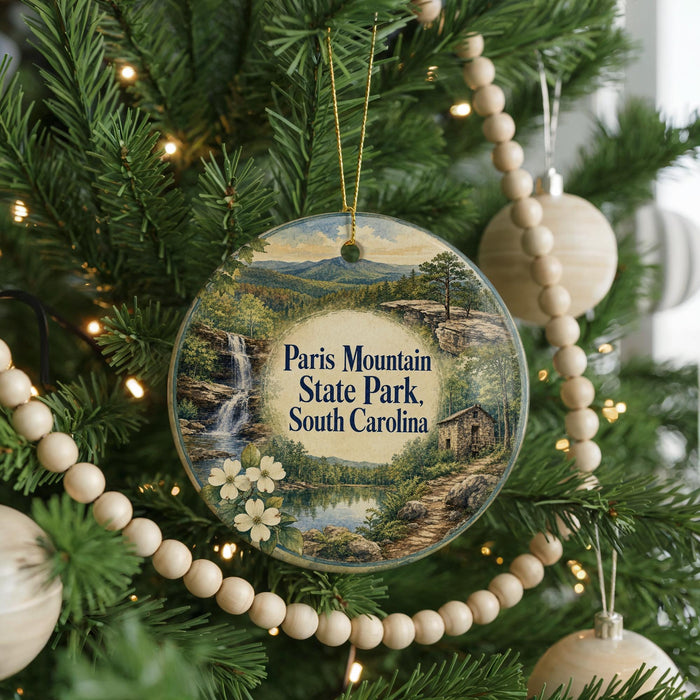 A Christmas tree decorated with ornaments, including a circular ornament with a scenic image of Paris Mountain State Park, South Carolina.