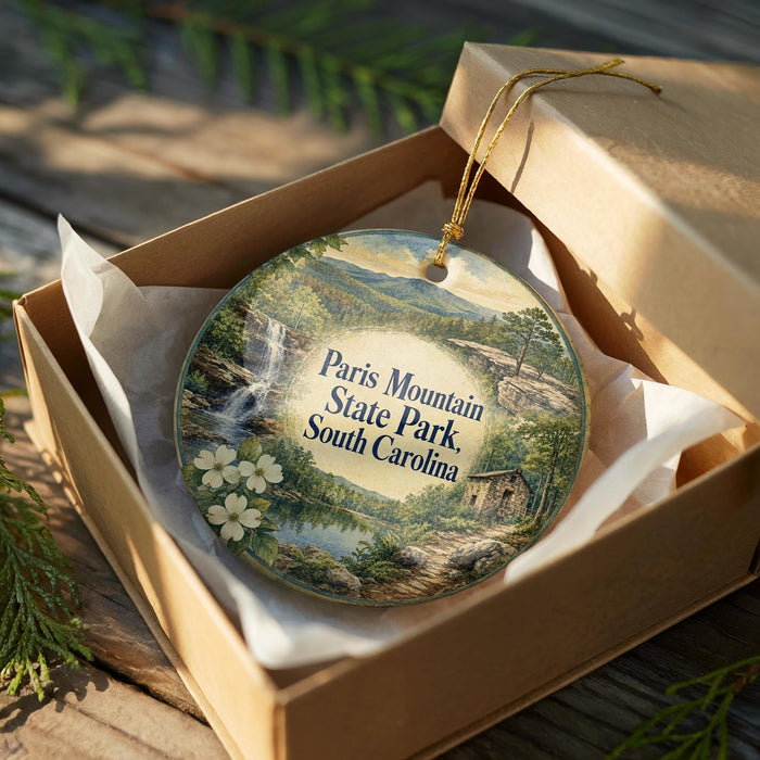A decorative ornament in a box, featuring a scenic landscape with a waterfall and a cabin, with the text "Paris Mountain State Park, South Carolina" prominently displayed.