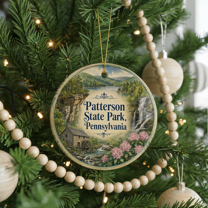 A circular ornament hanging on a Christmas tree, featuring a scenic image of Paterson State Park, Pennsylvania.