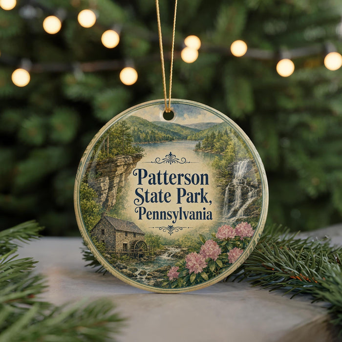 A round ornament with a scenic image of Paterson State Park, Pennsylvania, featuring a waterfall, a house, and pink flowers.