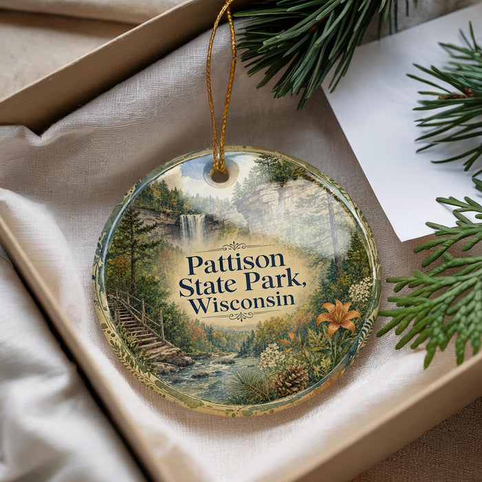 A decorative ornament with a scenic landscape of Pattison State Park, Wisconsin, featuring a waterfall and pine trees.