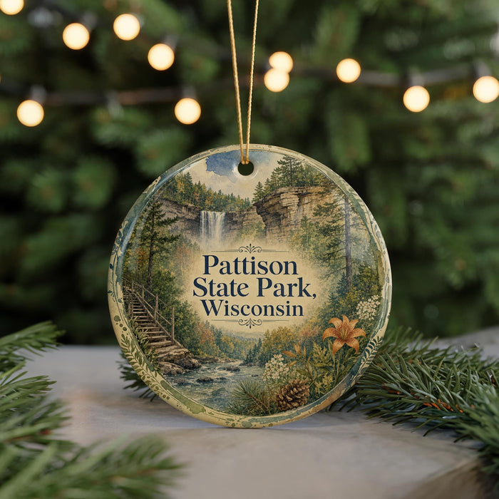 A round ornament with a scenic image of a waterfall and forest, surrounded by Christmas lights.