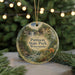 A round ornament with a scenic image of a waterfall and forest, surrounded by Christmas lights.