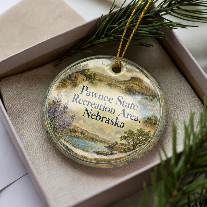 A decorative ornament in a box, featuring a scenic landscape with mountains, water, and pine trees.