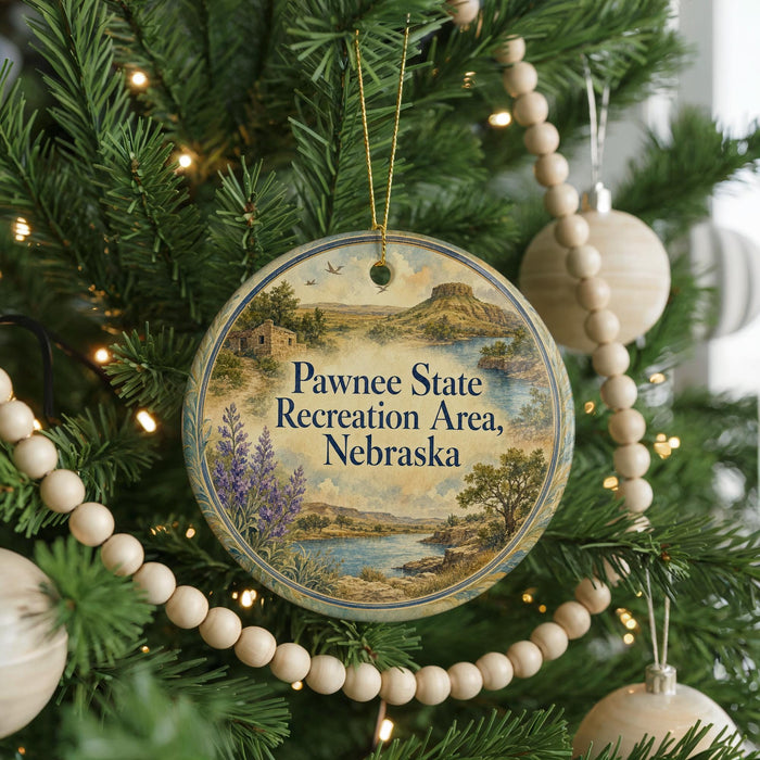 A round ornament hanging on a Christmas tree, featuring a scenic landscape of the Pawnee State Recreation Area in Nebraska.