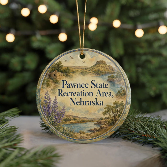 A round ornament with a landscape scene and text, hanging on a string.
