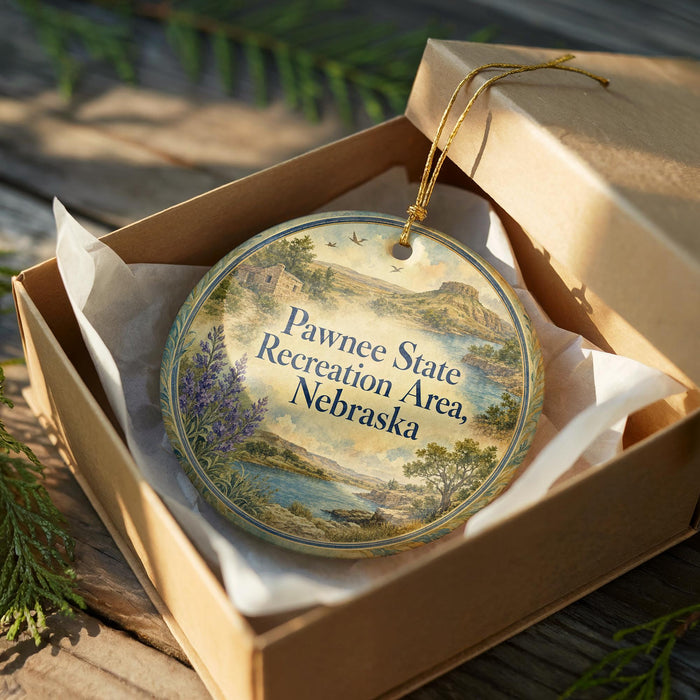 A round ornament in a brown box, featuring a scenic landscape with mountains, water, and greenery.
