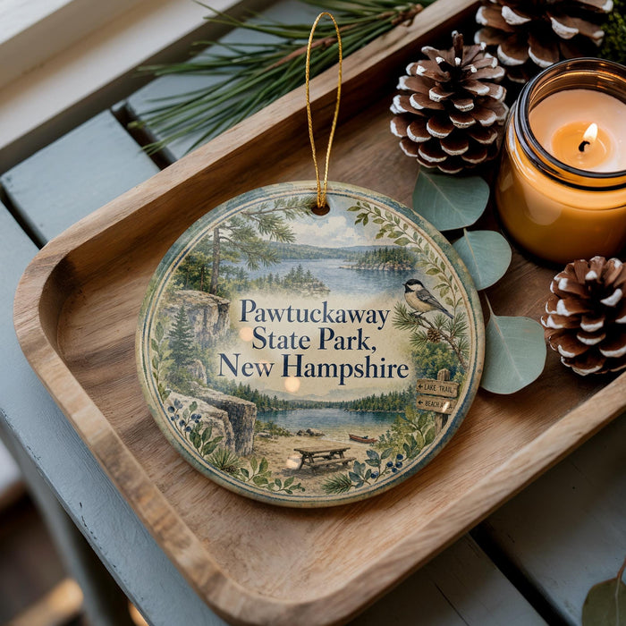 A wooden tray with a decorative ornament featuring a scenic image of Pawtucket State Park, New Hampshire, and a bird perched on a pine tree. The ornament is accompanied by pine cones and a lit candle, creating a cozy and festive atmosphere.