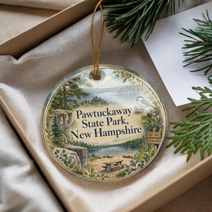A round ornament with a scenic landscape of Pawtucket State Park, New Hampshire, featuring a bird, pine trees, and a picnic table.