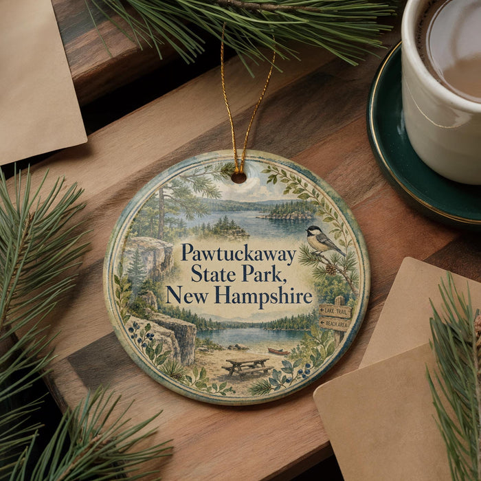 A round ornament with a scenic illustration of Pawtucket State Park, New Hampshire, hangs on a wooden surface.