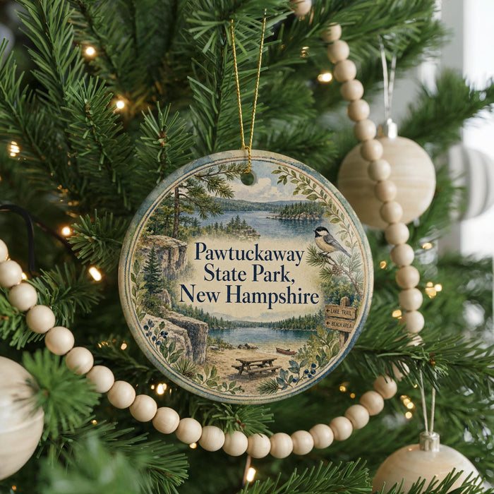 A circular ornament hanging on a Christmas tree, featuring a scenic landscape with a lake, mountains, and a bird.
