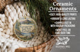 Ceramic ornaments, featuring a scenic image of Pearyrgin Lake State Park, Washington, with a bird perched on a tree branch. The ornaments are described as cozy, high-quality prints, vibrant, and long-lasting, and are shipped fast in holiday packaging. They are not to be peeled or faded over time.