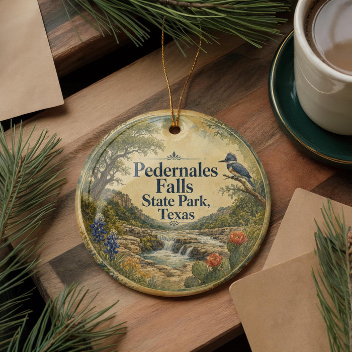 A decorative ornament with a scenic image of Pedernales Falls State Park, Texas, hanging on a wooden surface.