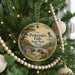 A round ornament hanging on a Christmas tree, featuring a scenic landscape with a waterfall and cactus.