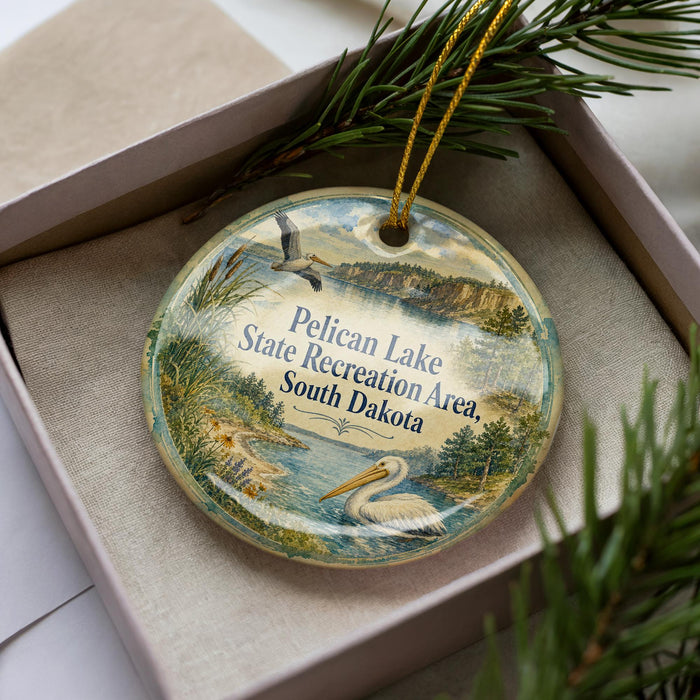 A decorative ornament in a box, featuring a seagull and a landscape scene with water, surrounded by pine branches.