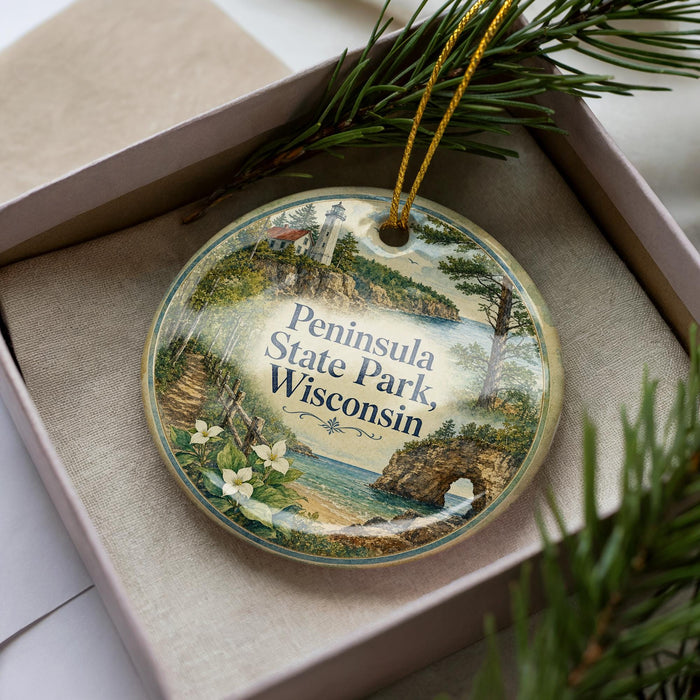 A decorative ornament in a box, featuring a scenic landscape with a lighthouse and a body of water.