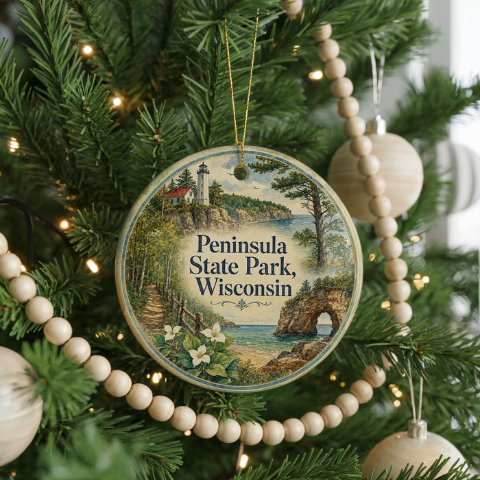 A round ornament on a Christmas tree, featuring a lighthouse and a scenic landscape, with the text "Peninsula State Park, Wisconsin" displayed on it.