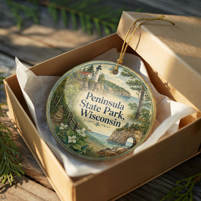 A decorative ornament in a box, featuring a scenic landscape with a lighthouse and a coastal area.
