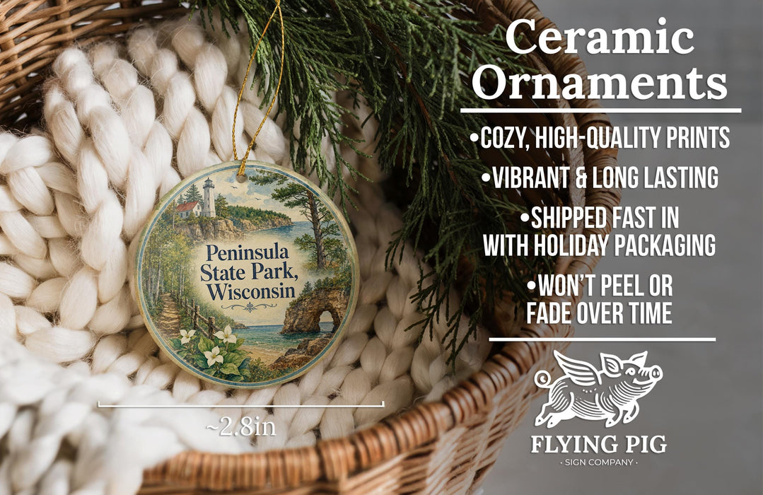 Ceramic ornaments, featuring a design of a lighthouse and a scenic landscape, are displayed in a woven basket.